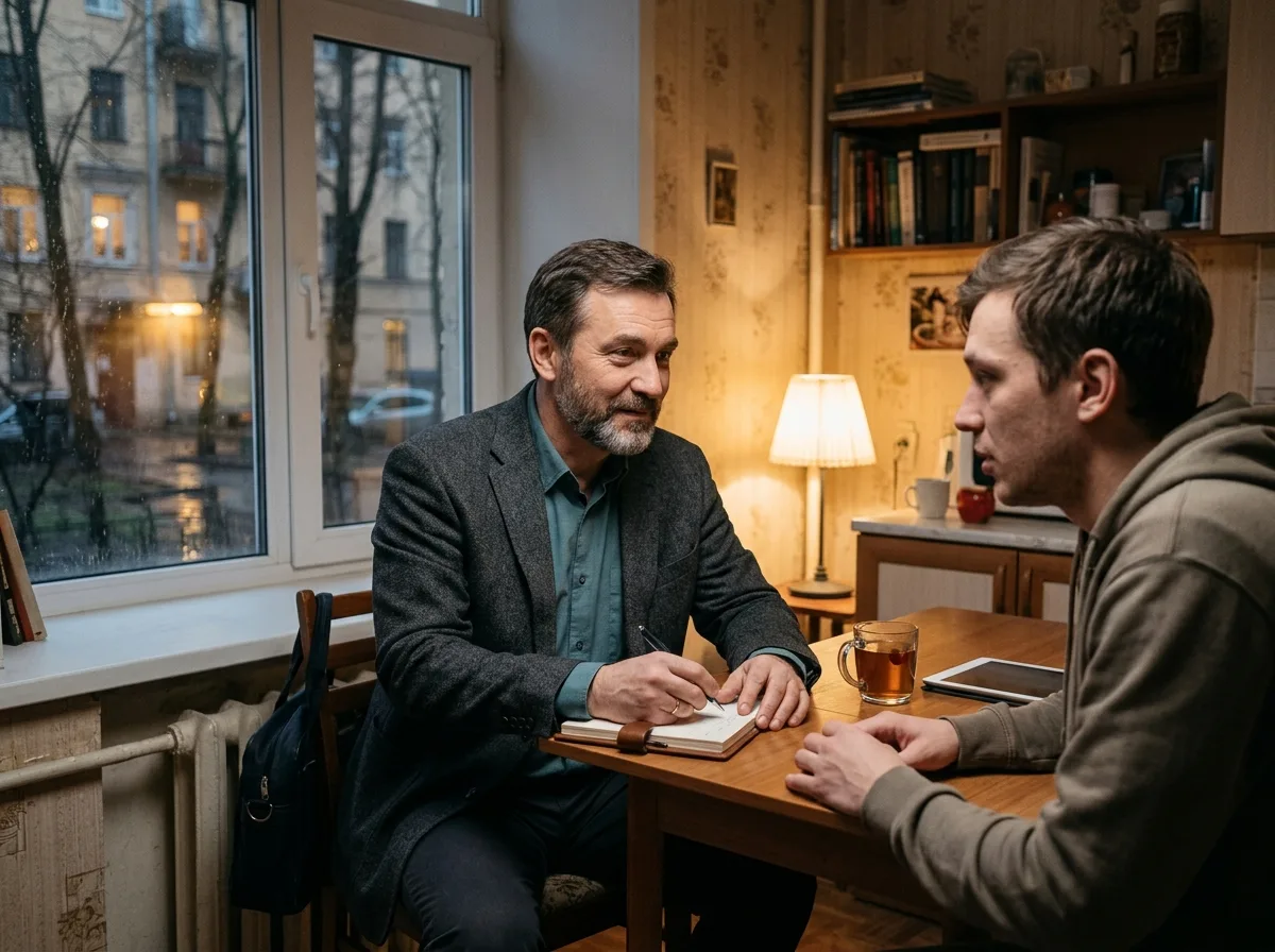 Врач-нарколог в гражданской одежде приезжает к пациенту домой в Санкт-Петербурге, вечернее освещение, доверительная атмосфера