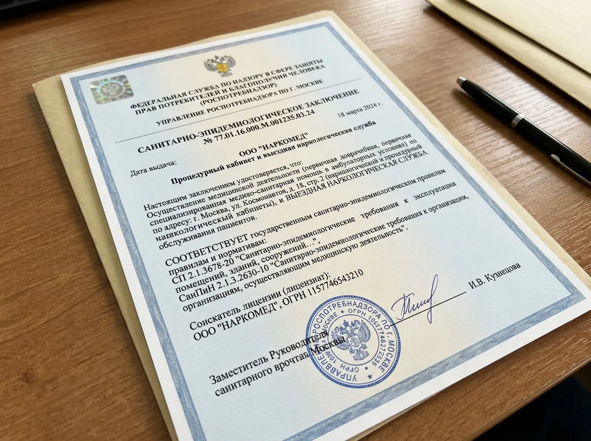 Документ о соответствии санитарным нормам СанПиН для медицинского кабинета и выездной наркологической службы, Роспотребнадзор